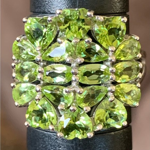 4.77ctw Mixed Shape Peridot Rhodium Over Sterling Silver Cluster Ring